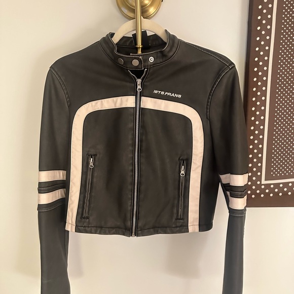 Urban Outfitters Black and Cream Leather Jacket - Picture 2 of 4